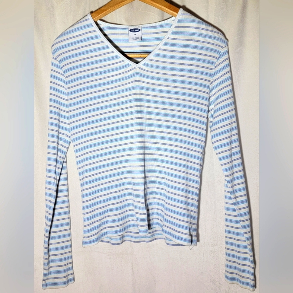 VTG Old Navy  T-shirt Womens Medium  Multi Color Striped V Neck, Long Sleeve